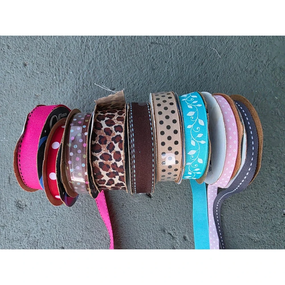 Offray Ribbon Lot 9‎ Spools Leopard Polka Dot Gingham Stars Grosgrain Wired A5